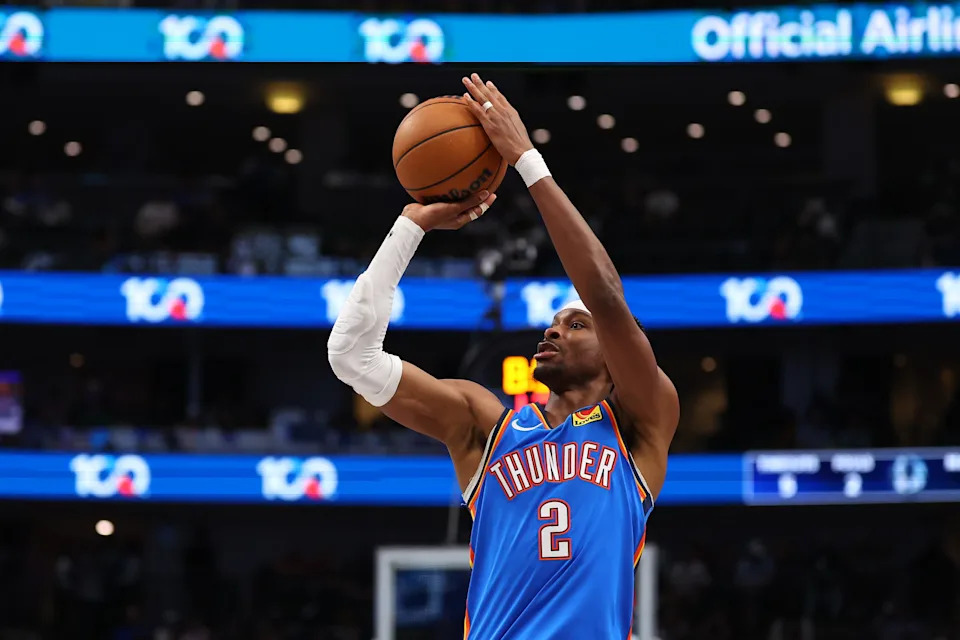 DALLAS, TEXAS - MARCH 01: Shai Gilgeous-Alexander #2 of the Oklahoma City Thunder shoots during the third quarter against the Dallas Mavericks at American Airlines Center on March 01, 2026 in Dallas, Texas. NOTE TO USER: User expressly acknowledges and agrees that, by downloading and or using this photograph, user is consenting to the terms and conditions of the Getty Images License Agreement. (Photo by Sam Hodde/Getty Images)