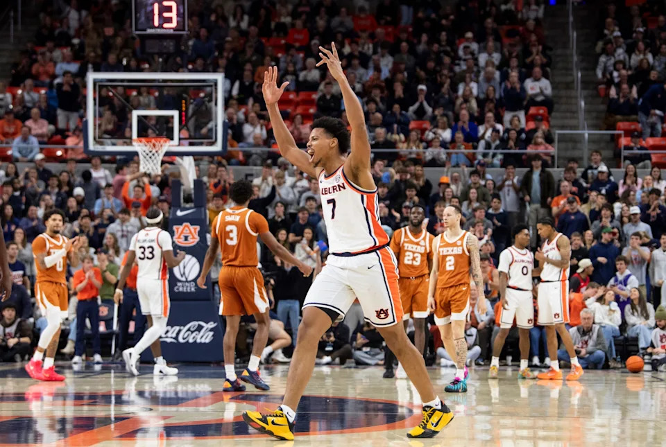 Auburn Tigers forward Keyshawn Hall (7) celebrates as Auburn Tigers take on Texas Longhorns at Neville Arena in Auburn, Ala. on Wednesday, Jan. 28, 2026. Auburn Tigers defeated Texas Longhorns 88-82.