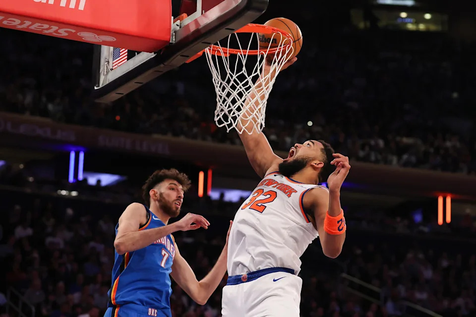 NEW YORK, NEW YORK - MARCH 04: Karl-Anthony Towns #32 of the New York Knicks shoots the ball against Chet Holmgren #7 of the Oklahoma City Thunder during the third quarter at Madison Square Garden on March 04, 2026 in New York City. NOTE TO USER: User expressly acknowledges and agrees that, by downloading and or using this photograph, user is consenting to the terms and conditions of the Getty Images License Agreement. (Photo by Ishika Samant/Getty Images)