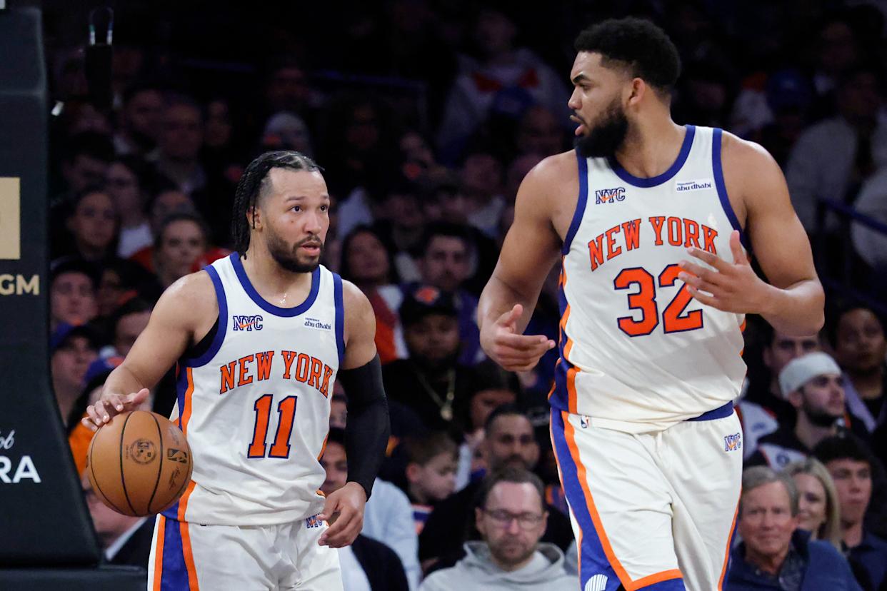 New York Knicks guard Jalen Brunson and teammate New York Knicks center Karl-Anthony Towns take the ball up court during their teams game against the Washington Wizards during the second half at the at Madison Square Garden in New York, New York, USA, Sunday, March 22, 2026.