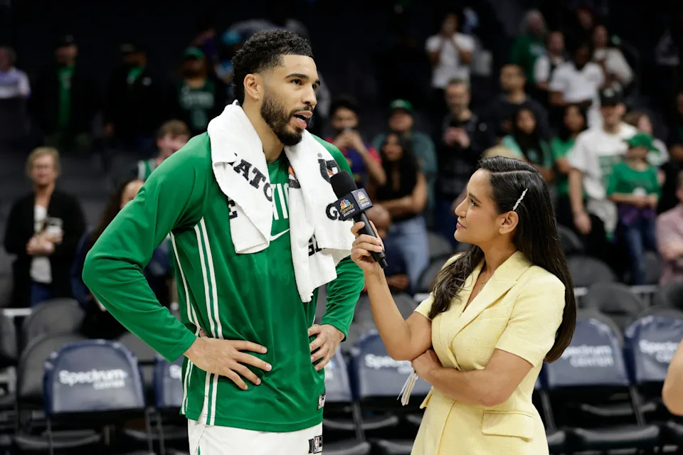 Mar 29, 2026; Charlotte, North Carolina, USA; Boston Celtics forward/guard Jayson Tatum (0) is interviewed by NBC Sports Boston reporter Abby Chin following the game against the Charlotte Hornets at Spectrum Center. Mandatory Credit: Brian Westerholt-Imagn Images