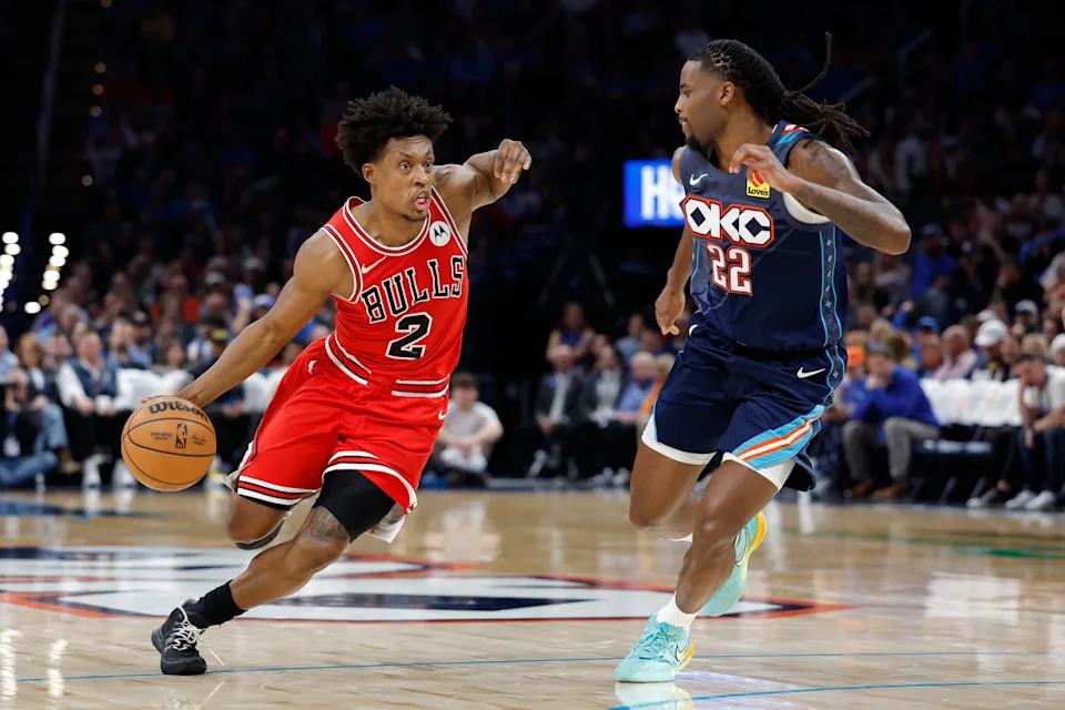 Mar 27, 2026; Oklahoma City, Oklahoma, USA; Chicago Bulls guard Collin Sexton (2) drives around Oklahoma City Thunder guard Cason Wallace (22) during the second half at Paycom Center. Mandatory Credit: Alonzo Adams-Imagn Images