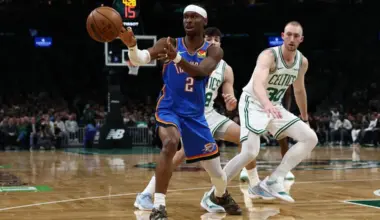 Oklahoma City Thunder guard Shai Gilgeous-Alexander passes out of traffic during the second quarter against the Boston Celtics at TD Garden.