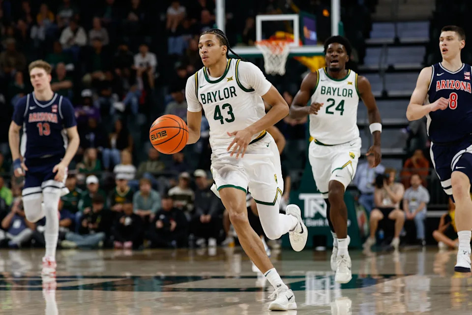 Feb 24, 2026; Waco, Texas, USA; Baylor Bears guard Cameron Carr (43) dribbles the ball upcourt against the Arizona Wildcats during the first half at Paul and Alejandra Foster Pavilion. Mandatory Credit: Chris Jones-Imagn Images