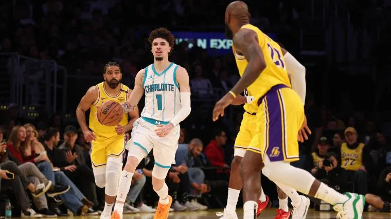 Los Angeles Lakers forward LeBron James, Charlotte Hornets guard LaMelo Ball