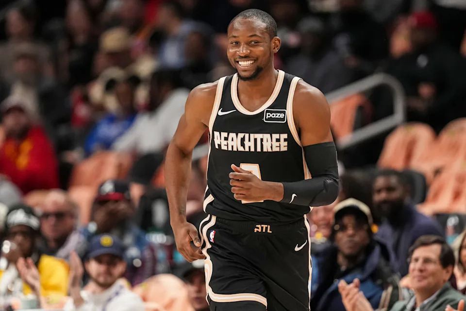 Feb 26, 2026; Atlanta, Georgia, USA; Atlanta Hawks forward Jonathan Kuminga (0) reacts after making a three point shot against the Washington Wizards during the first half at State Farm Arena. Mandatory Credit: Dale Zanine-Imagn Images