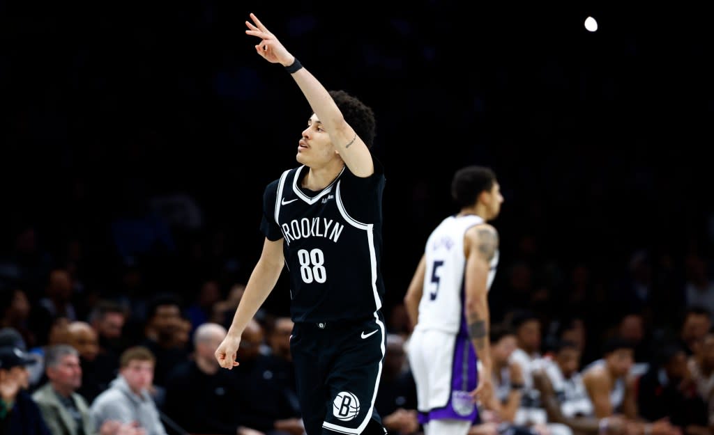 Nets guard Nolan Traore (88) reacts after making a 3-point shot against the Sacramento Kings during the second half at the Barclays Center. Sunday, March 29, 2026 in Brooklyn, N.Y. The Brooklyn Nets won 116-99. Noah K. Murray- for NY Post
