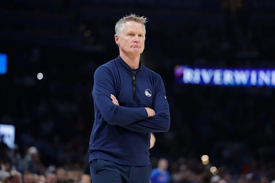 Mar 7, 2026; Oklahoma City, Oklahoma, USA; Golden State Warriors Head Coach Steve Kerr watches his team play against the Oklahoma City Thunder during the first half at Paycom Center. Mandatory Credit: Alonzo Adams-Imagn Images