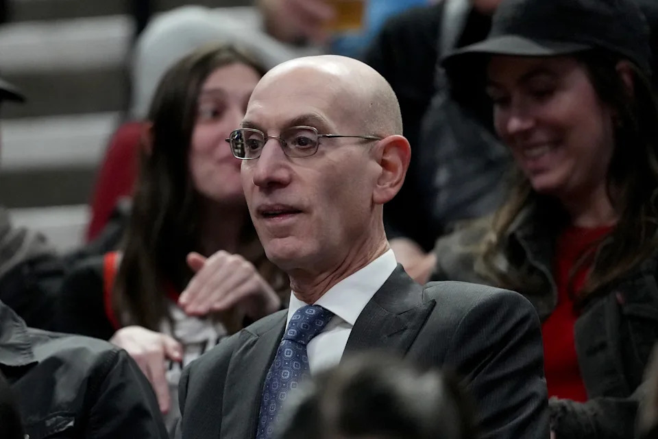 PORTLAND, OREGON - MARCH 13: Adam Silver, commissioner of the National Basketball Association, watches the game during the second half between the Portland Trail Blazers and the Utah Jazz at Moda Center on March 13, 2026 in Portland, Oregon. NOTE TO USER: User expressly acknowledges and agrees that, by downloading and or using this photograph, User is consenting to the terms and conditions of the Getty Images License Agreement. (Photo by Soobum Im/Getty Images)