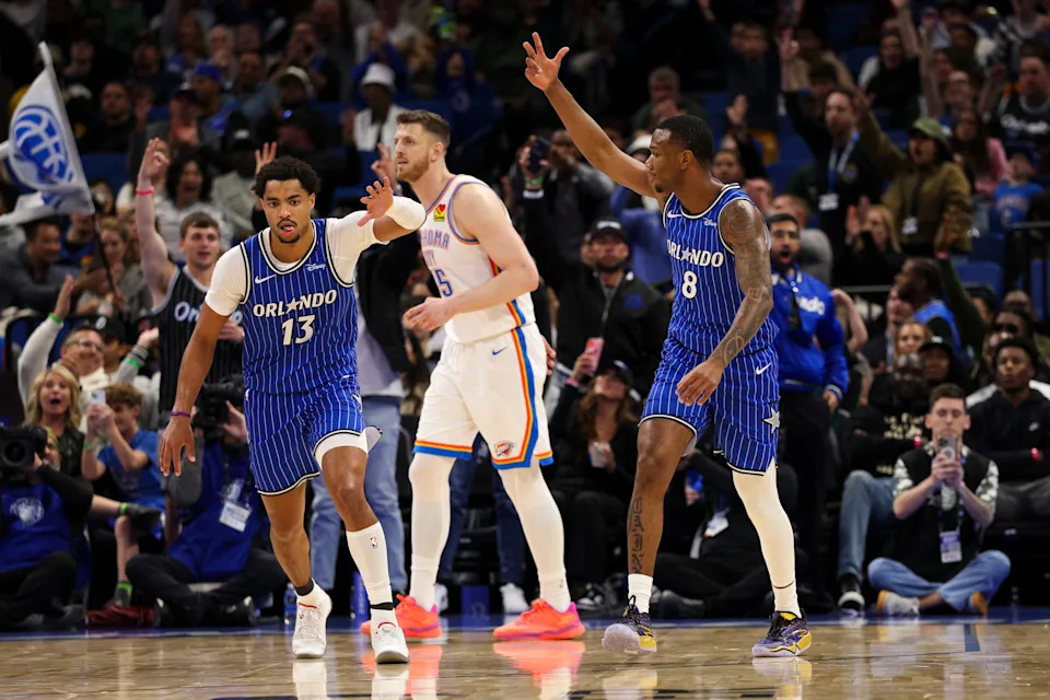 Mar 17, 2026; Orlando, Florida, USA; Orlando Magic forward Jamal Cain (8) reacts after making a three point basket against the Oklahoma City Thunder in the fourth quarter at Kia Center. Mandatory Credit: Nathan Ray Seebeck-Imagn Images