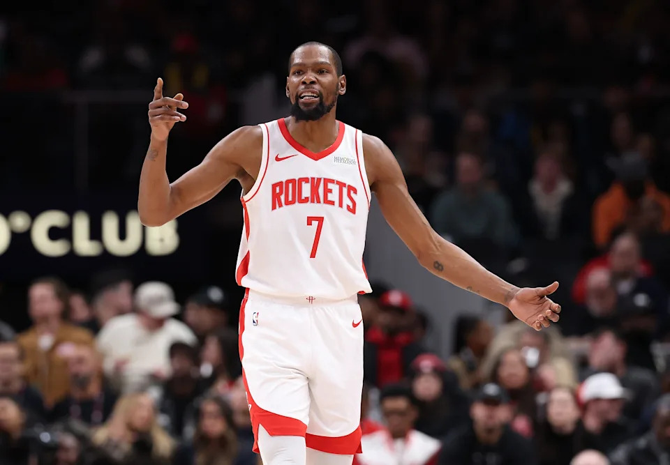 ATLANTA, GEORGIA - JANUARY 29: Kevin Durant #7 of the Houston Rockets reacts against the Atlanta Hawks during the third quarter at State Farm Arena on January 29, 2026 in Atlanta, Georgia. NOTE TO USER: User expressly acknowledges and agrees that, by downloading and or using this photograph, User is consenting to the terms and conditions of the Getty Images License Agreement. (Photo by Kevin C. Cox/Getty Images)