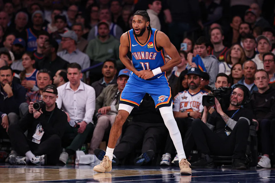 Mar 4, 2026; New York, New York, USA; Oklahoma City Thunder guard Isaiah Joe (11) reacts during the second half against the New York Knicks at Madison Square Garden. Mandatory Credit: Vincent Carchietta-Imagn Images
