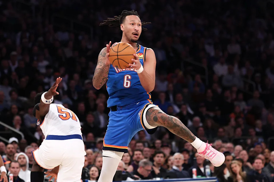 Mar 4, 2026; New York, New York, USA; Oklahoma City Thunder forward Jaylin Williams (6) passes the ball as New York Knicks forward Mohamed Diawara (51) defends during the first half at Madison Square Garden. Mandatory Credit: Vincent Carchietta-Imagn Images