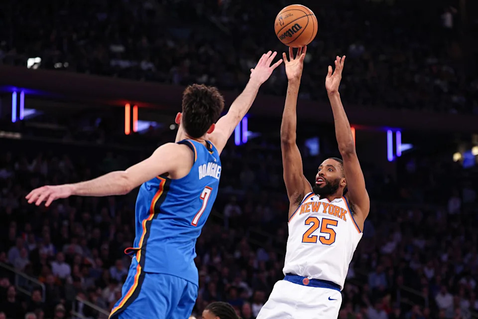 Mar 4, 2026; New York, New York, USA; New York Knicks guard Mikal Bridges (25) shoots the ball against Oklahoma City Thunder center Chet Holmgren (7) during the second half at Madison Square Garden. Mandatory Credit: Vincent Carchietta-Imagn Images