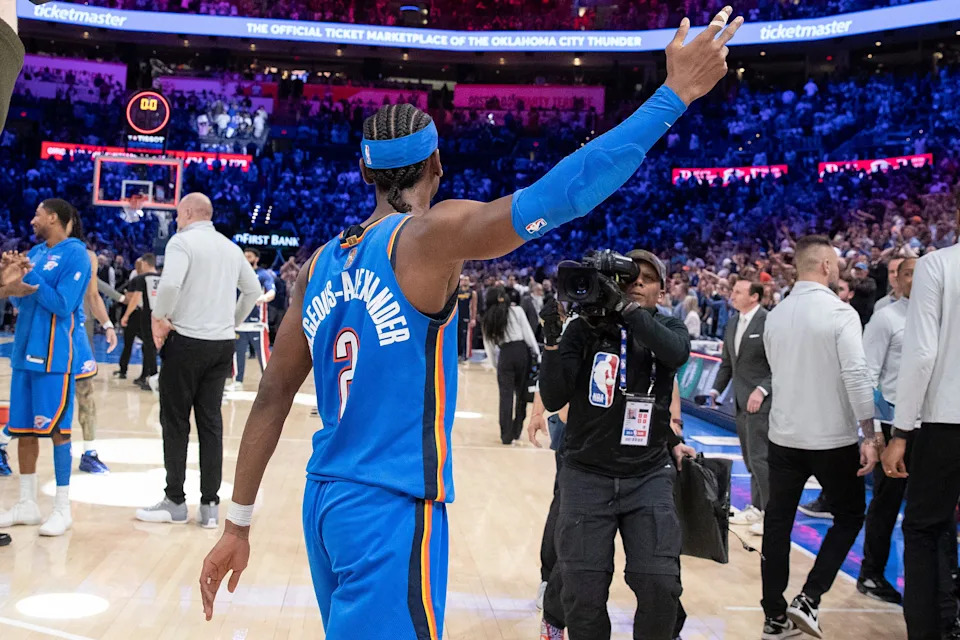 Mar 9, 2026; Oklahoma City, Oklahoma, USA; Oklahoma City Thunder guard Shai Gilgeous-Alexander (2) gestures and walks around the court after sinking a game winner 3 pointer basket against the Denver Nuggets during the second half at Paycom Center. Mandatory Credit: Alonzo Adams-Imagn Images