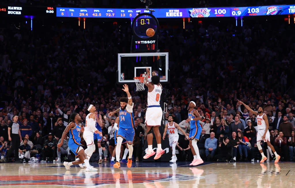 OG Anunoby missses what would have been a game-tying 3-pointer in the final second of the Knicks’ 103-100 loss to the Thunder at the Garden on March 4, 2026. Charles Wenzelberg / New York Post