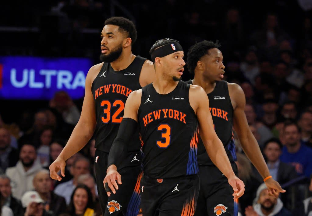 Josh Hart with center Karl-Anthony Towns and forward OG Anunoby on the court during the third quarter of the Knicks’ win over the Pelicans on March 24, 2026 at Madison Square Garden. JASON SZENES FOR THE NEW YORK POST