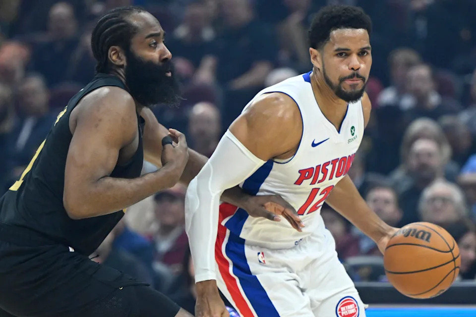 Cleveland Cavaliers guard James Harden (1) defends Detroit Pistons forward Tobias Harris (12) in the first quarter at Rocket Arena in Cleveland on Tuesday, March 3, 2026.