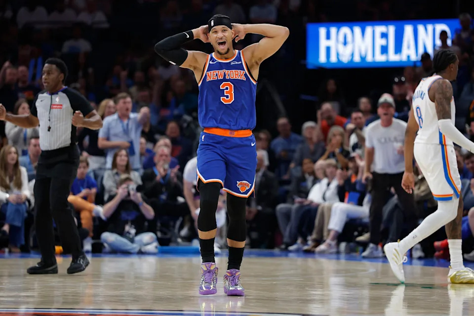 Mar 29, 2026; Oklahoma City, Oklahoma, USA; New York Knicks guard Josh Hart (3) reacts after a foul is called against him during the second half against the Oklahoma City Thunder at Paycom Center. Mandatory Credit: Alonzo Adams-Imagn Images