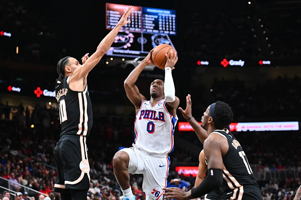 ATLANTA, GA – MARCH 7: Tyrese Maxey #0 of the Philadelphia 76ers drives to the basket during the game against the Atlanta Hawks on March 7, 2026 at State Farm Arena in Atlanta, Georgia. NOTE TO USER: User expressly acknowledges and agrees that, by downloading and/or using this Photograph, user is consenting to the terms and conditions of the Getty Images License Agreement. Mandatory Copyright Notice: Copyright 2026 NBAE (Photo by Adam Hagy/NBAE via Getty Images) | NBAE via Getty Images