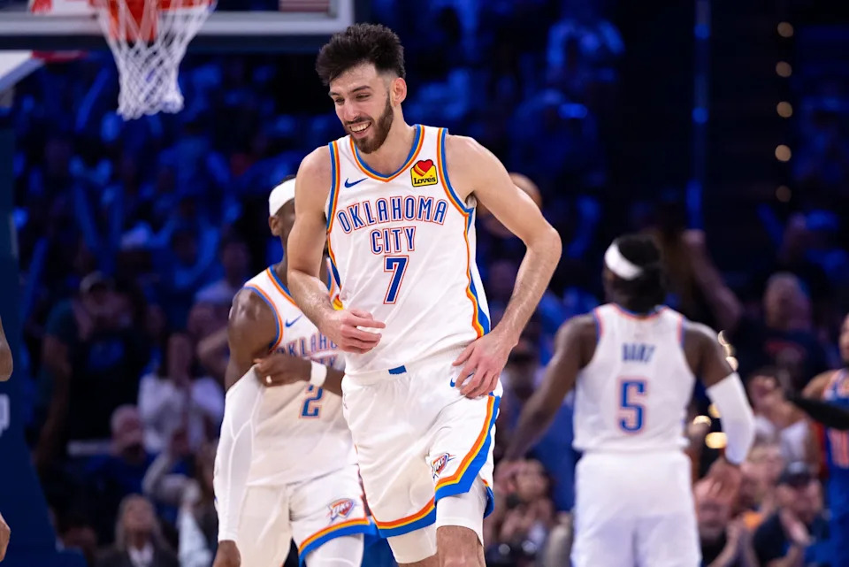 OKLAHOMA CITY, OKLAHOMA - MARCH 29: Chet Holmgren #7 of the Oklahoma City Thunder reacts after a play during the second half against the New York Knicks at Paycom Center on March 29, 2026 in Oklahoma City, Oklahoma. NOTE TO USER: User expressly acknowledges and agrees that, by downloading and or using this photograph, User is consenting to the terms and conditions of the Getty Images License Agreement. (Photo by William Purnell/Getty Images)