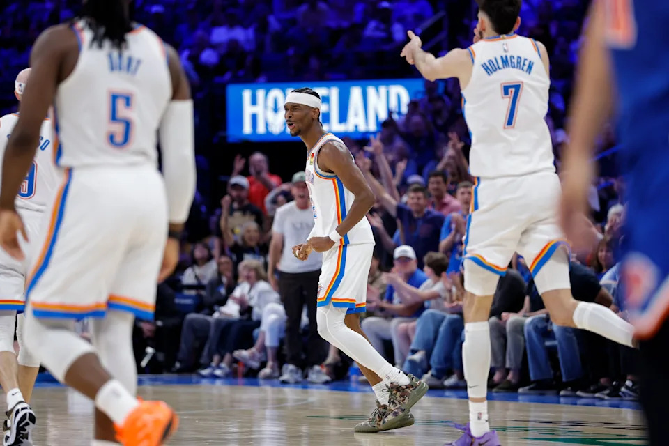 Mar 29, 2026; Oklahoma City, Oklahoma, USA; Oklahoma City Thunder guard Shai Gilgeous-Alexander (2) celebrates after scoring against the New York Knicks during the second half at Paycom Center. Mandatory Credit: Alonzo Adams-Imagn Images