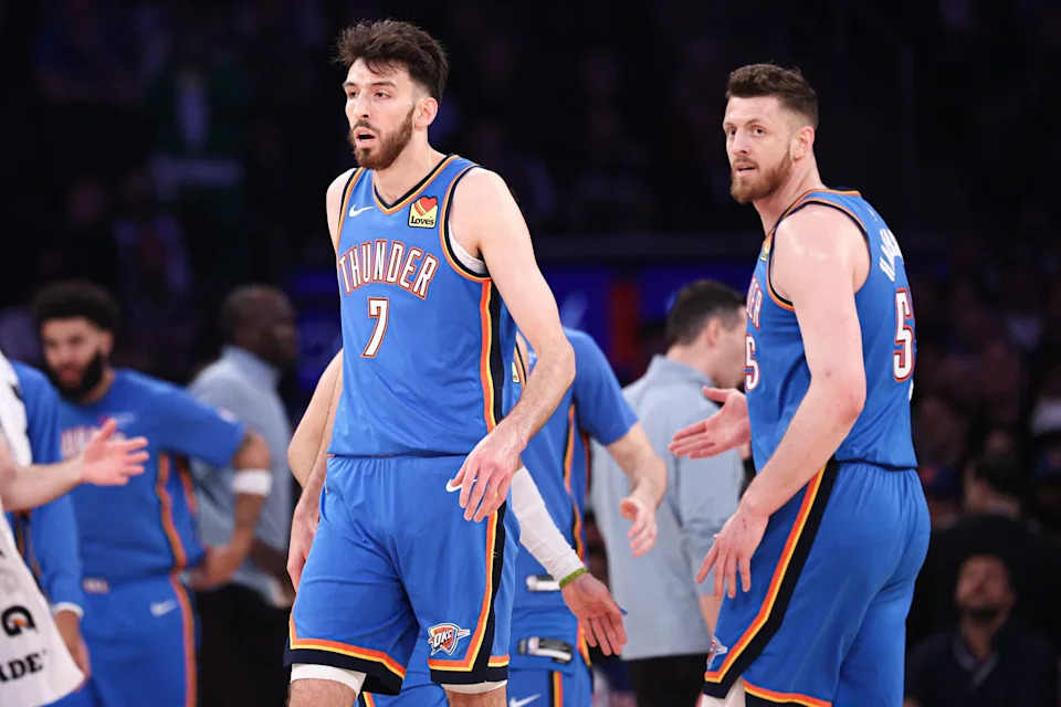 Mar 4, 2026; New York, New York, USA; Oklahoma City Thunder center Chet Holmgren (7) and center Isaiah Hartenstein (55) react after a basket during the first half against the New York Knicks at Madison Square Garden. Mandatory Credit: Vincent Carchietta-Imagn Images