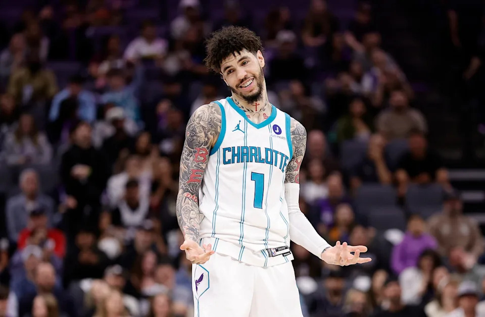 Mar 11, 2026; Sacramento, California, USA; Charlotte Hornets guard LaMelo Ball (1) smiles and gestures after scoring a three point basket against the Sacramento King during the fourth quarter at Golden 1 Center. Mandatory Credit: Kelley L Cox-Imagn Images