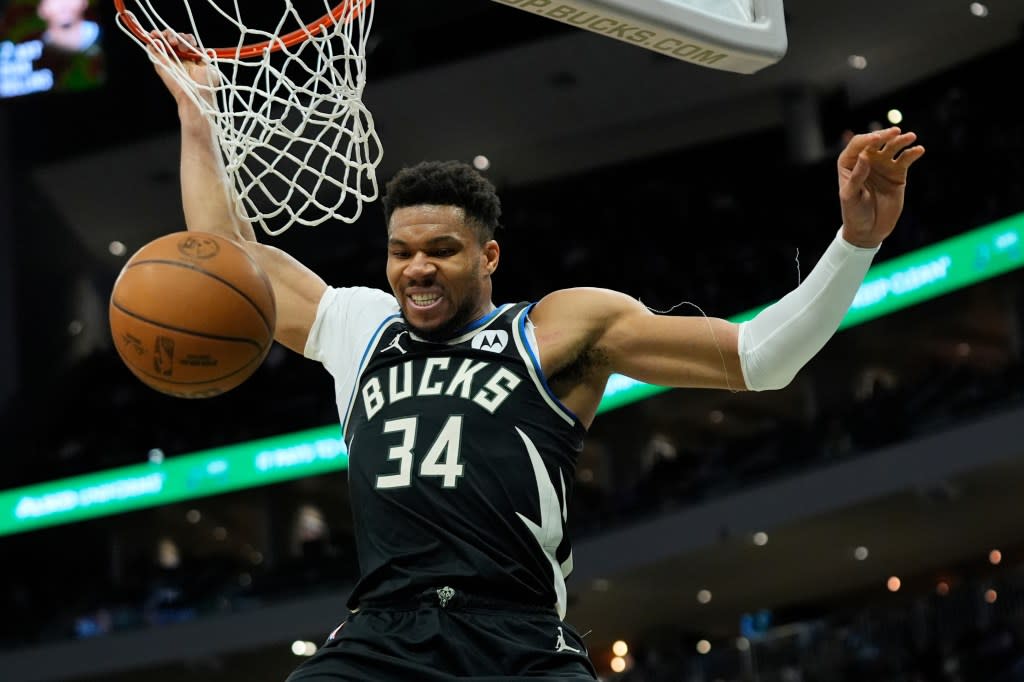 Milwaukee Bucks’ Giannis Antetokounmpo dunks during the second half of an NBA basketball game against the Indiana Pacers, Sunday, March 15, 2026, in Milwaukee. AP