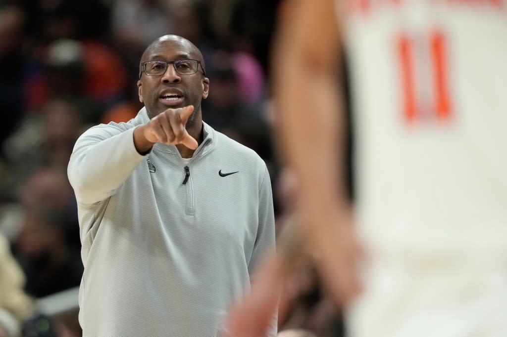 New York Knicks head coach Mike Brown gestures during the first half of an NBA basketball game against the Milwaukee Bucks, Friday, Feb. 27, 2026, in Milwaukee. AP