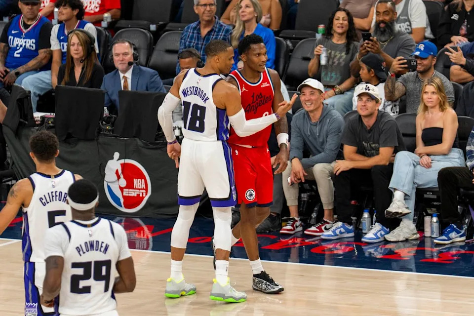 Sacramento Kings guard Russell Westbrook (18) celebrates his three pointer during an NBA basketball game against the Los Angeles Clippers, March 14th, 2026 in Los Angeles, California.