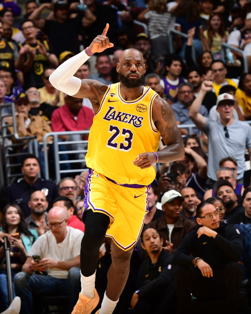 LeBron James of the Los Angeles Lakers looks on during the game against the Denver Nuggets on March 14, 2026 at Crypto.Com Arena in Los Angeles, California. (Photo by Adam Pantozzi/NBAE via Getty Images) NBAE via Getty Images