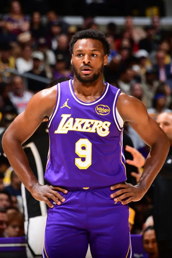 Bronny James of the Los Angeles Lakers looks on during the game against the Brooklyn Nets on March 27, 2026 at Crypto.Com Arena in Los Angeles, California. (Photo by Adam Pantozzi/NBAE via Getty Images) NBAE via Getty Images