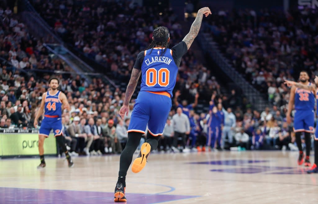 Jordan Clarkson of the New York Knicks celebrates sinking a three-pointer during the second half against the Utah Jazz at the Delta Center on March 11, 2026 in Salt Lake City, Utah. Getty Images