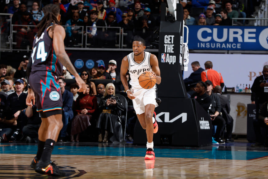 De'Aaron Fox of the San Antonio Spurs handles the ball during the game against the Detroit Pistons