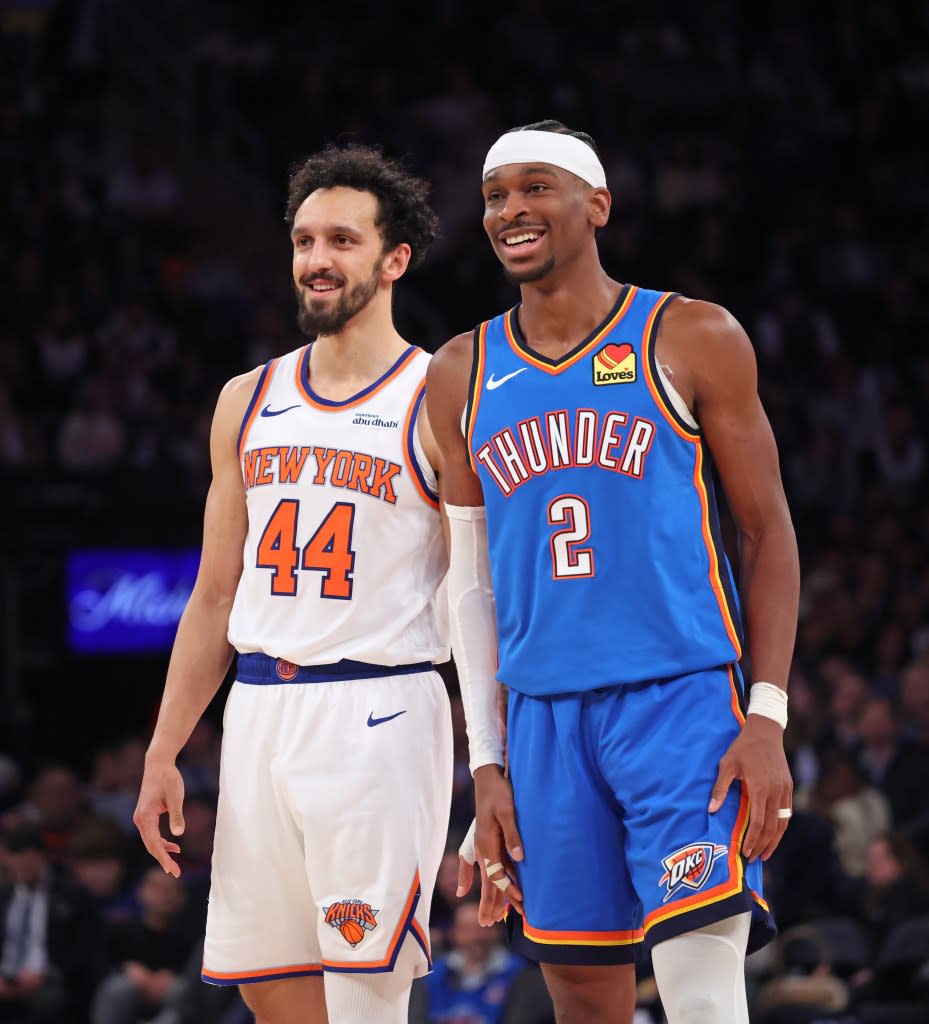 Oklahoma City Thunder guard Shai Gilgeous-Alexander (2) and New York Knicks guard Landry Shamet (44). Charles Wenzelberg / New York Post