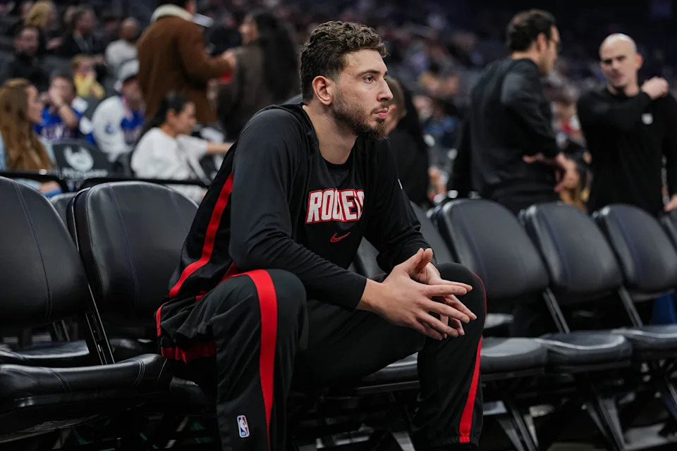 Jan 11, 2026; Sacramento, California, USA; Houston Rockets center Alperen Sengun (28) looks on from the bench before a game against the Sacramento Kings at Golden 1 Center. Mandatory Credit: Justine Willard-Imagn Images