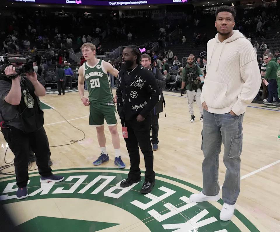 Injured Milwaukee Bucks forward Giannis Antetokounmpo (right) is shown after their game Tuesday, March 17, 2026 at Fiserv Forum in Milwaukee, Wisconsin. The Cleveland Cavalier beat the Milwaukee Bucks 123-116.