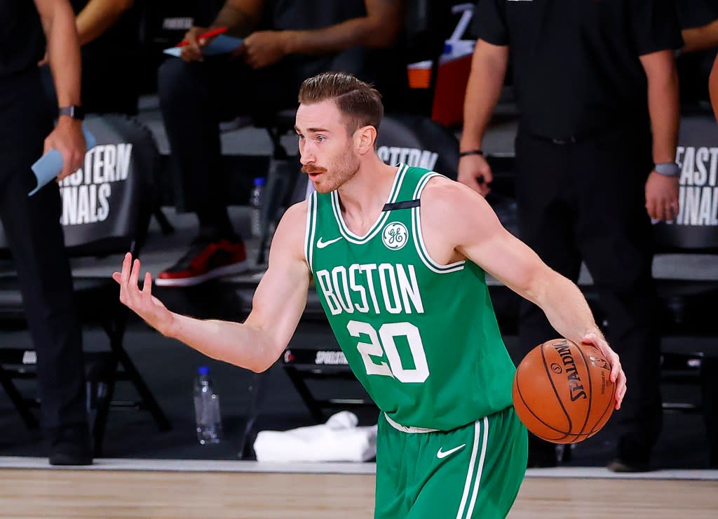 Gordon Hayward plays after being injured during the first quarter of the Celtics’ Game 3 win over the Heat in the Eastern Conference Finals at AdventHealth Arena at the ESPN Wide World Of Sports Complex on Sept. 19, 2020 in Lake Buena Vista, Fla. Getty Images
