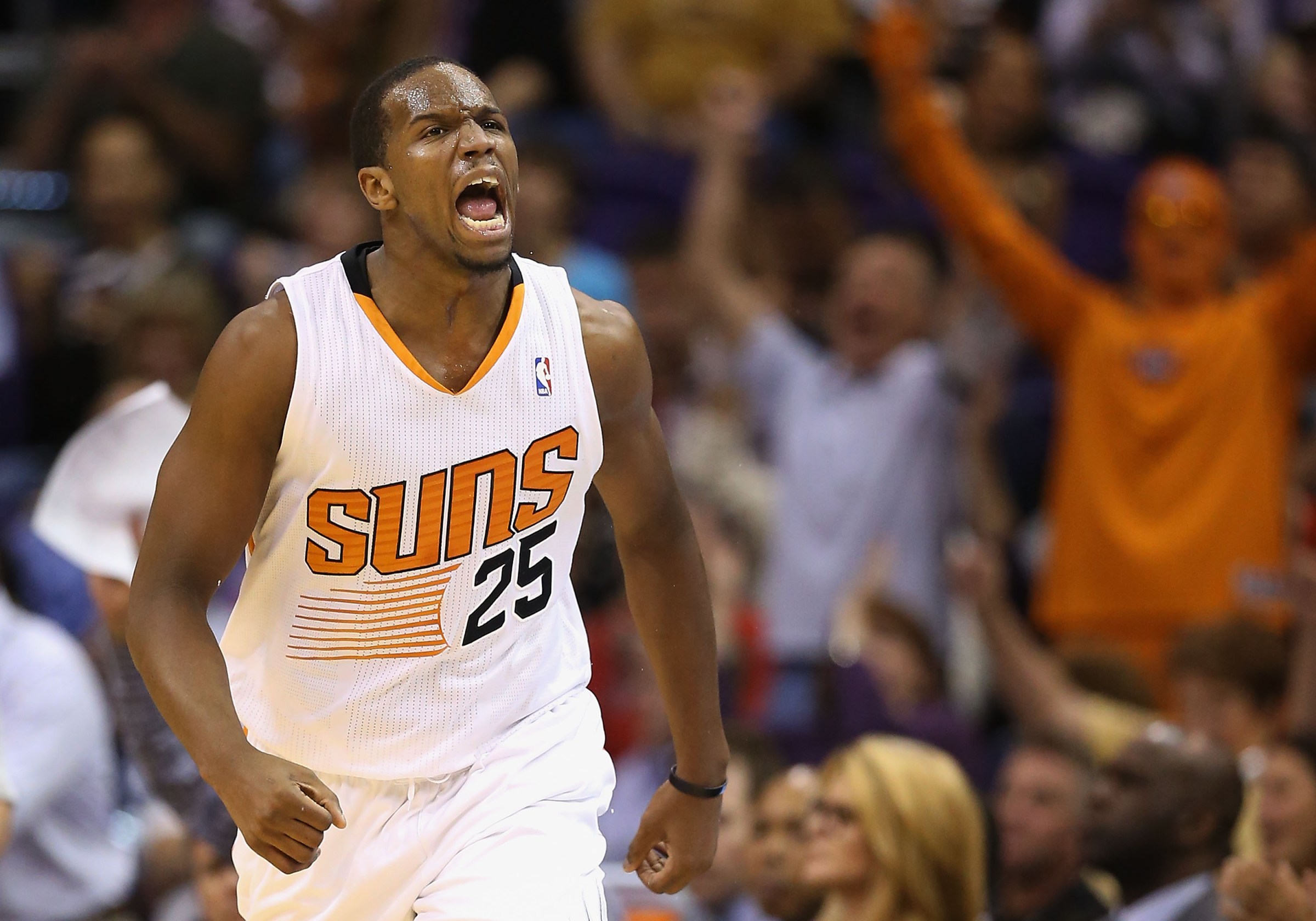 PHOENIX, AZ - NOVEMBER 01: Dionte Christmas #25 of the Phoenix Suns reacts after hitting a three point shot against the Utah Jazz during the second half of the NBA game at US Airways Center on November 1, 2013 in Phoenix, Arizona. The Suns defeated the Jazz 87-84. NOTE TO USER: User expressly acknowledges and agrees that, by downloading and or using this photograph, User is consenting to the terms and conditions of the Getty Images License Agreement. (Photo by Christian Petersen/Getty Images)