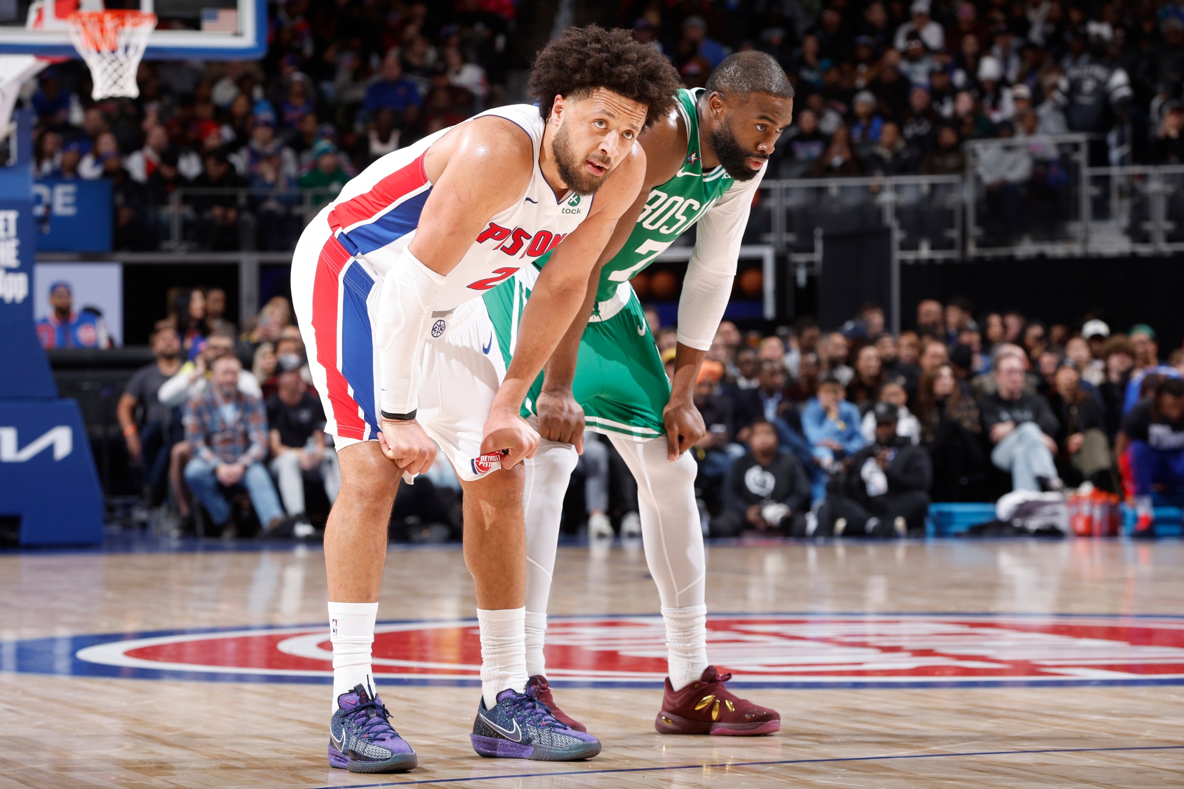 DETROIT, MI - JANUARY 19: Cade Cunningham #2 of the Detroit Pistons and Jaylen Brown #7 of the Boston Celtics looks on during the game on January 19, 2026 at Little Caesars Arena in Detroit, Michigan. NOTE TO USER: User expressly acknowledges and agrees that, by downloading and/or using this photograph, User is consenting to the terms and conditions of the Getty Images License Agreement. Mandatory Copyright Notice: Copyright 2026 NBAE (Photo by Brian Sevald/NBAE via Getty Images)