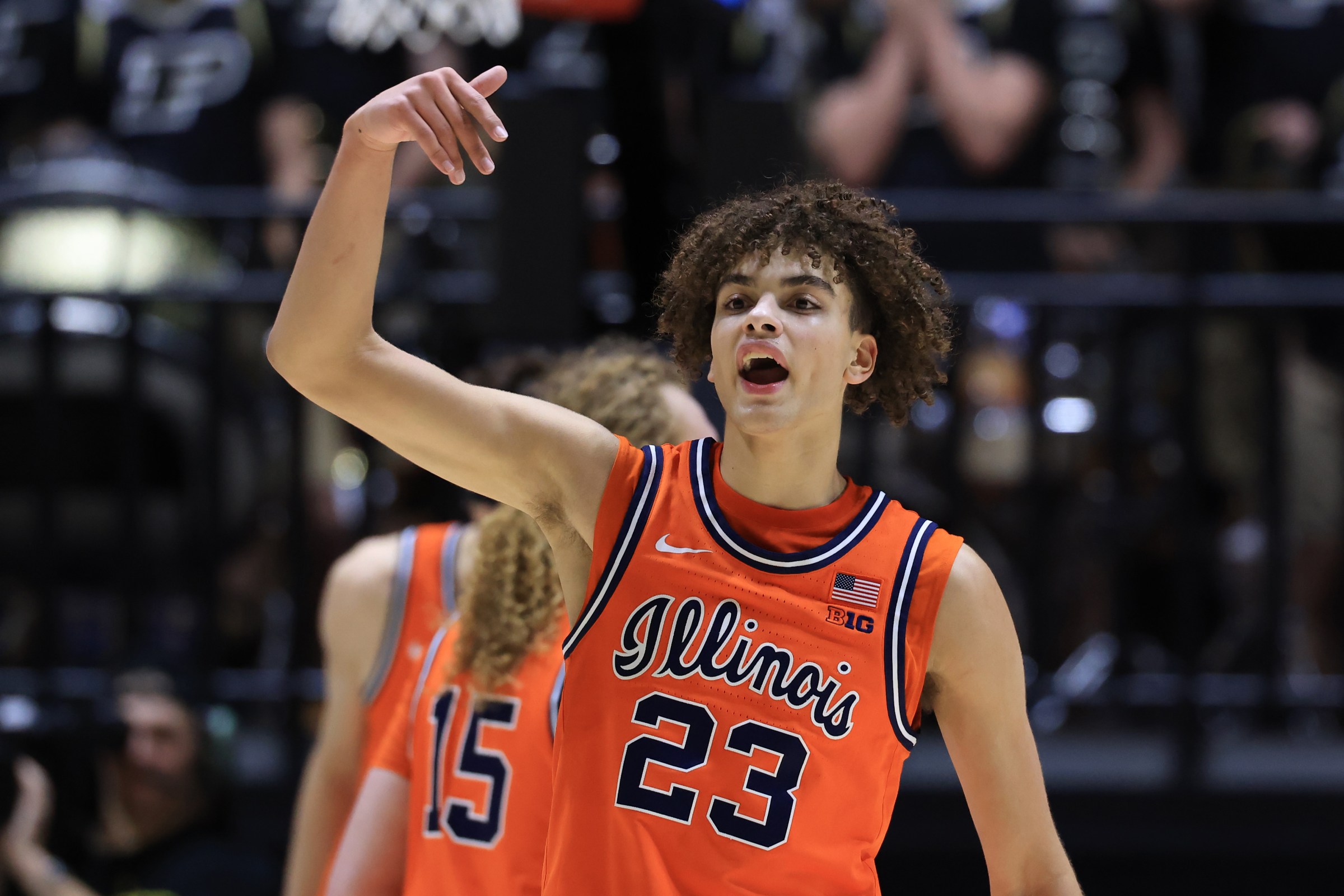 WEST LAFAYETTE, INDIANA - JANUARY 24: Keaton Wagler #23 of the Illinois Fighting Illini reacts against the Purdue Boilermakers at Mackey Arena on January 24, 2026 in West Lafayette, Indiana. (Photo by Justin Casterline/Getty Images)