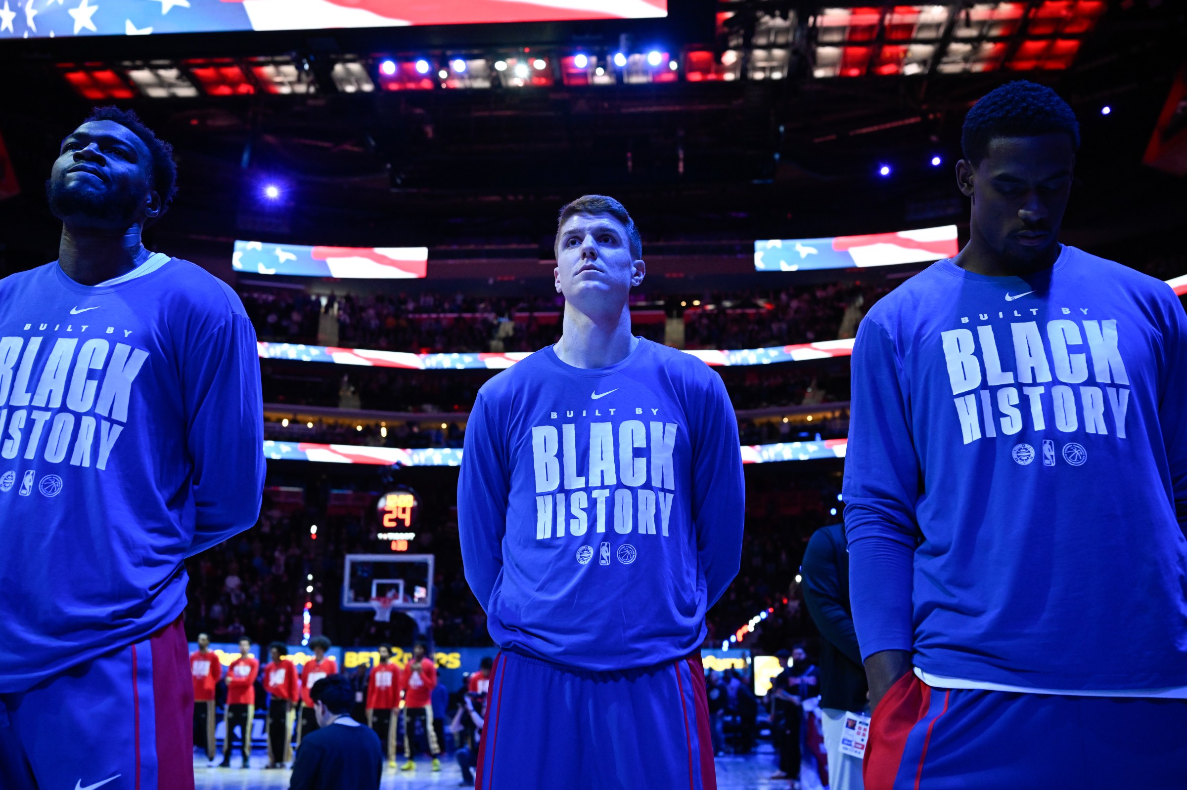 DETROIT, MI - FEBRUARY 5: Kevin Huerter #27 of the Detroit Pistons listens to the national anthem before the game against the Washington Wizards on February 5, 2026 at Little Caesars Arena in Detroit, Michigan. NOTE TO USER: User expressly acknowledges and agrees that, by downloading and/or using this photograph, User is consenting to the terms and conditions of the Getty Images License Agreement. Mandatory Copyright Notice: Copyright 2026 NBAE (Photo by Chris Schwegler/NBAE via Getty Images)