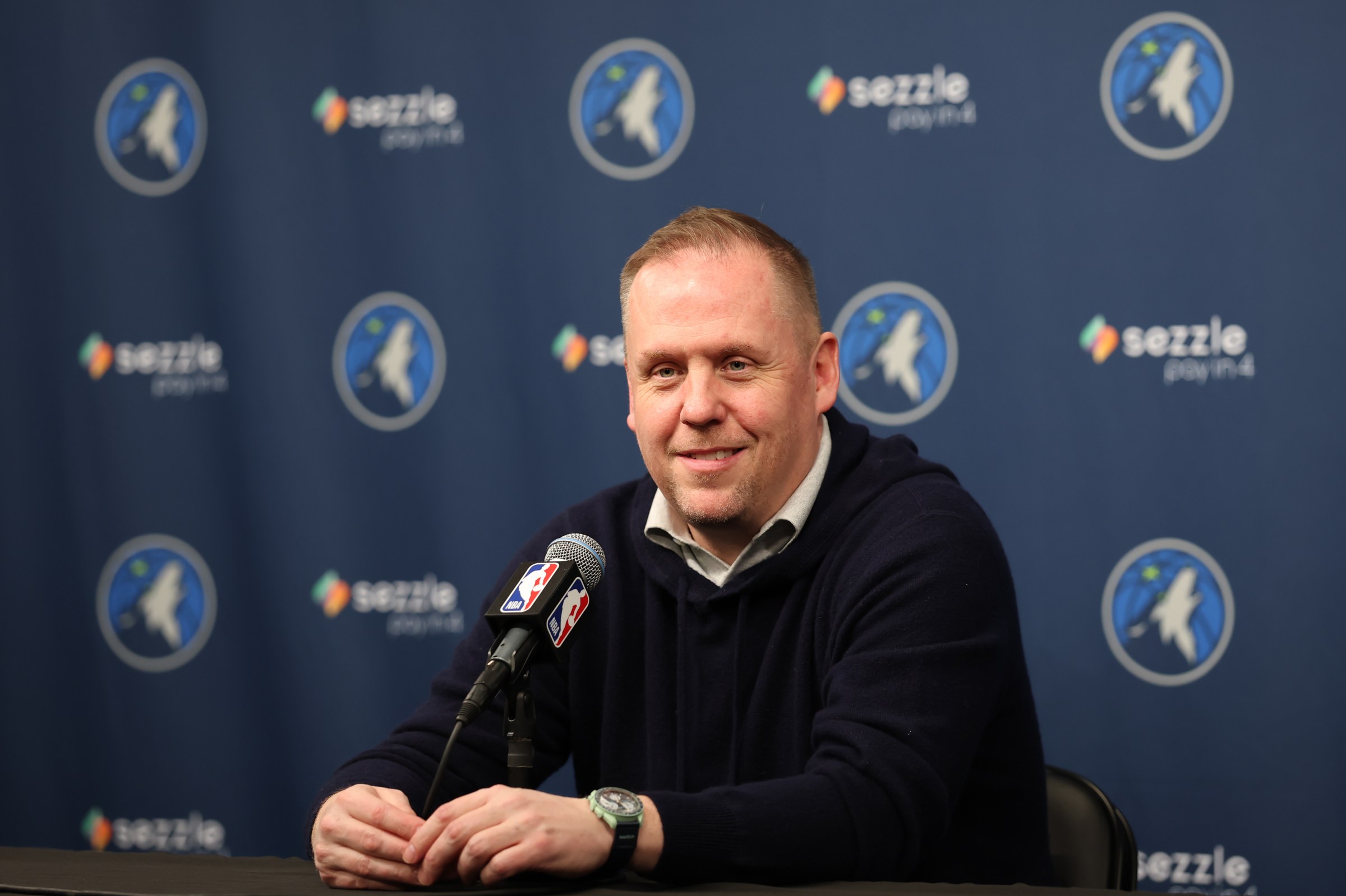 MINNEAPOLIS, MN - FEBRUARY 6: Tim Connelly talks to the media during media availability on February 6, 2026 at Target Center in Minneapolis, Minnesota. NOTE TO USER: User expressly acknowledges and agrees that, by downloading and or using this Photograph, user is consenting to the terms and conditions of the Getty Images License Agreement. Mandatory Copyright Notice: Copyright 2026 NBAE (Photo by David Sherman/NBAE via Getty Images)