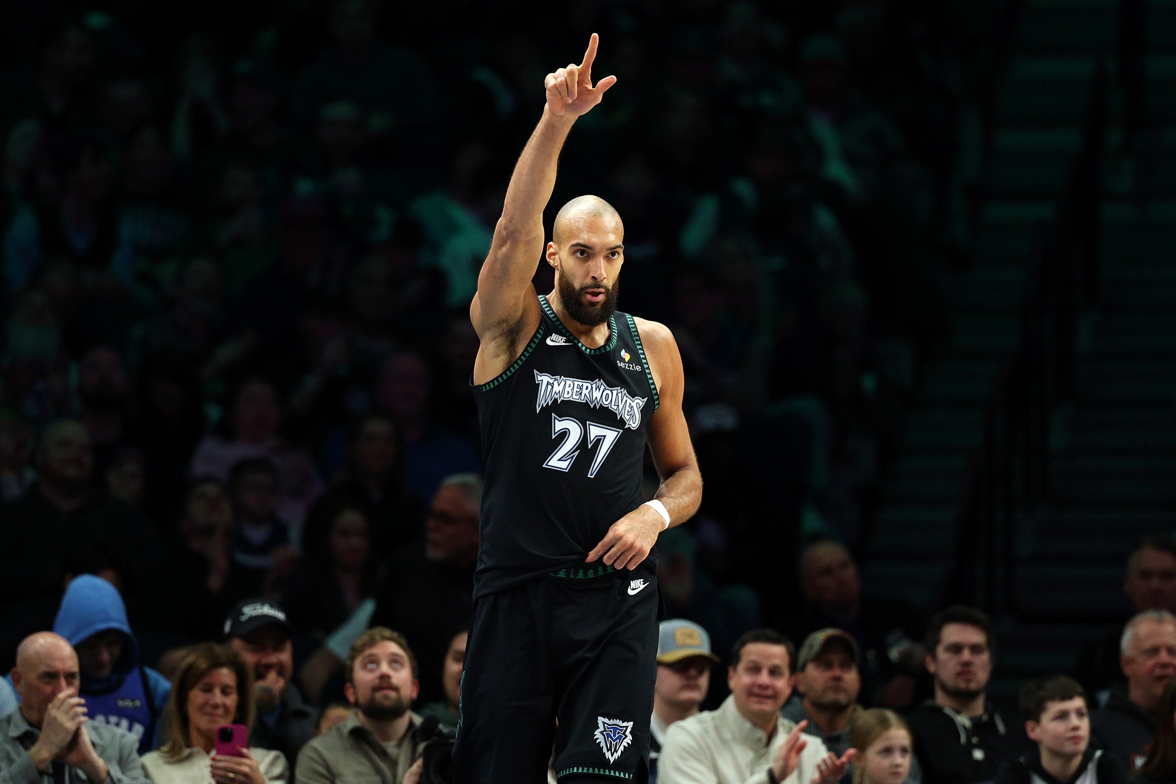 MINNEAPOLIS, MINNESOTA - FEBRUARY 09: Rudy Gobert #27 of the Minnesota Timberwolves reacts against the Atlanta Hawks in the third quarter at Target Center on February 09, 2026 in Minneapolis, Minnesota. The Timberwolves defeated the Hawks 138-116. NOTE TO USER: User expressly acknowledges and agrees that, by downloading and or using this photograph, User is consenting to the terms and conditions of the Getty Images License Agreement. (Photo by David Berding/Getty Images)