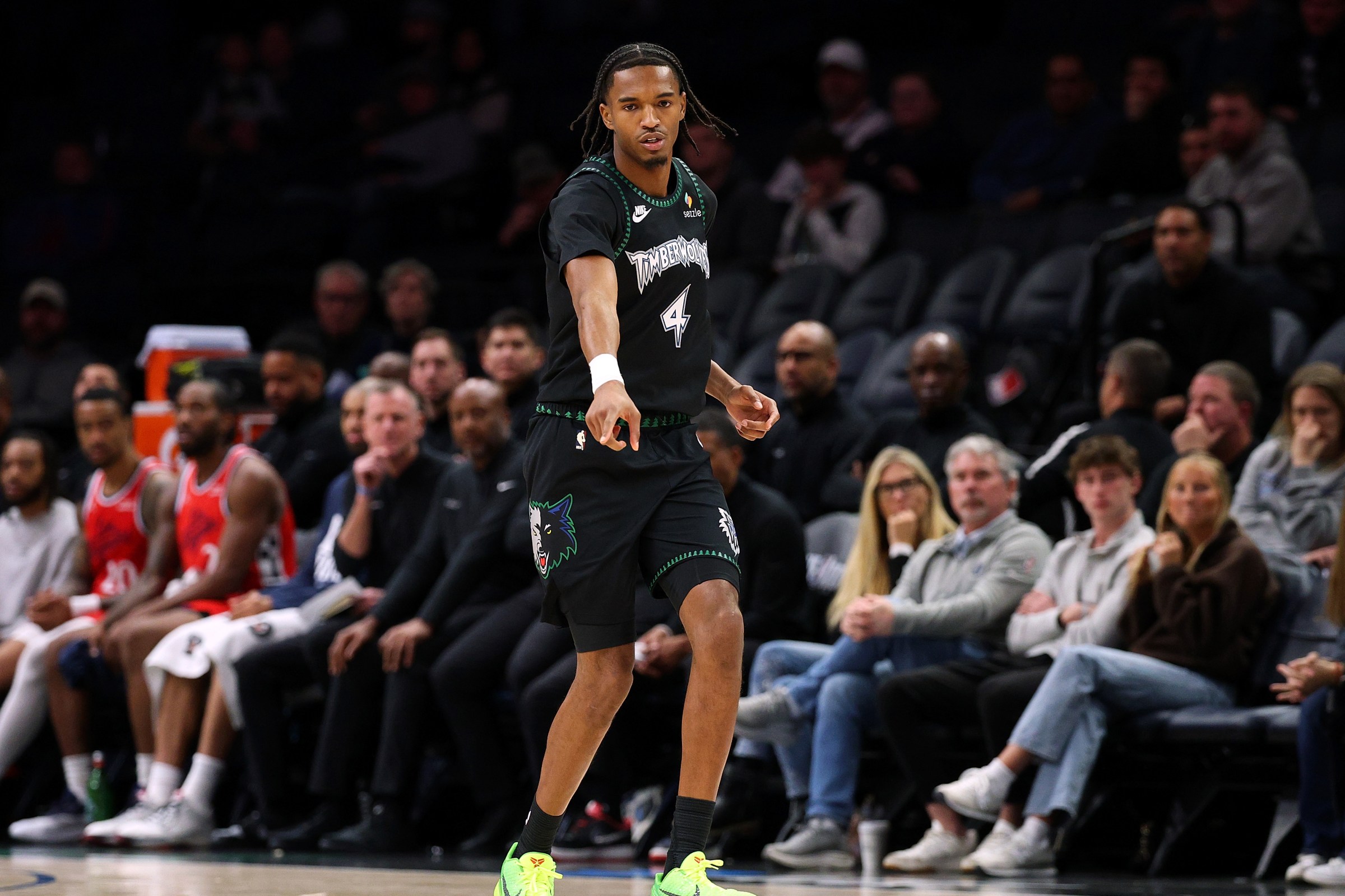 MINNEAPOLIS, MINNESOTA - FEBRUARY 08: Julian Phillips #4 of the Minnesota Timberwolves looks on against the LA Clippers in the fourth quarter at Target Center on February 08, 2026 in Minneapolis, Minnesota. The Clippers defeated the Timberwolves 115-96. NOTE TO USER: User expressly acknowledges and agrees that, by downloading and or using this photograph, User is consenting to the terms and conditions of the Getty Images License Agreement. (Photo by David Berding/Getty Images)