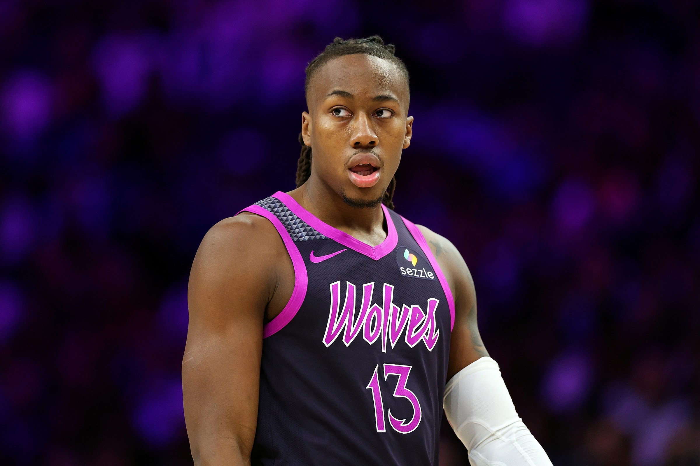 MINNEAPOLIS, MINNESOTA - FEBRUARY 20: Ayo Dosunmu #13 of the Minnesota Timberwolves looks on against the Dallas Mavericks in the first quarter at Target Center on February 20, 2026 in Minneapolis, Minnesota. The Timberwolves defeated the Mavericks 122-111. NOTE TO USER: User expressly acknowledges and agrees that, by downloading and or using this photograph, User is consenting to the terms and conditions of the Getty Images License Agreement. (Photo by David Berding/Getty Images)
