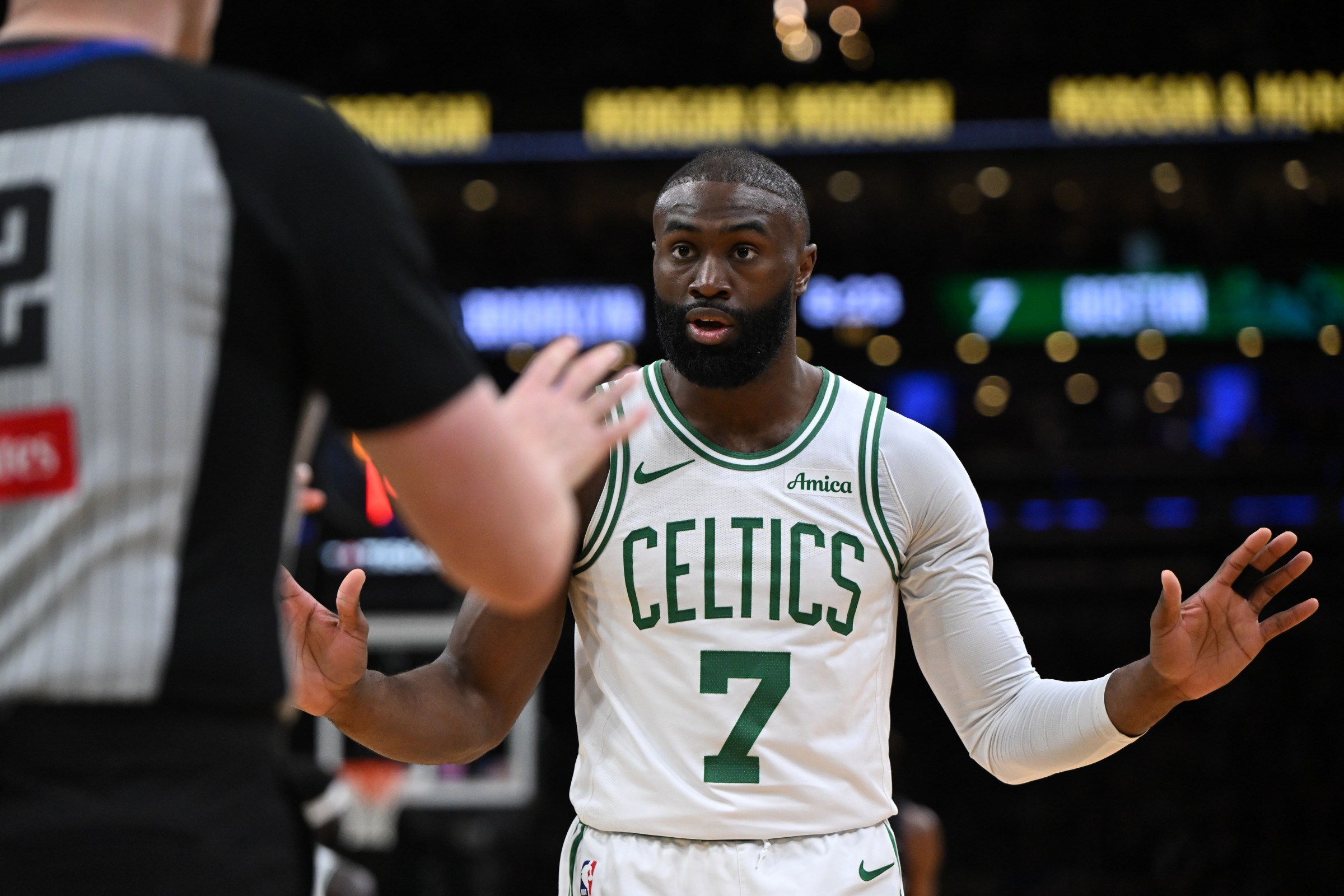BOSTON, MASSACHUSETTS - FEBRUARY 27: Jaylen Brown #7 of the Boston Celtics talks with referee Marat Kogut during the first half at the TD Garden on February 27, 2026 in Boston, Massachusetts. NOTE TO USER: User expressly acknowledges and agrees that, by downloading and or using this photograph, User is consenting to the terms and conditions of the Getty Images License Agreement. (Photo by Brian Fluharty/Getty Images)