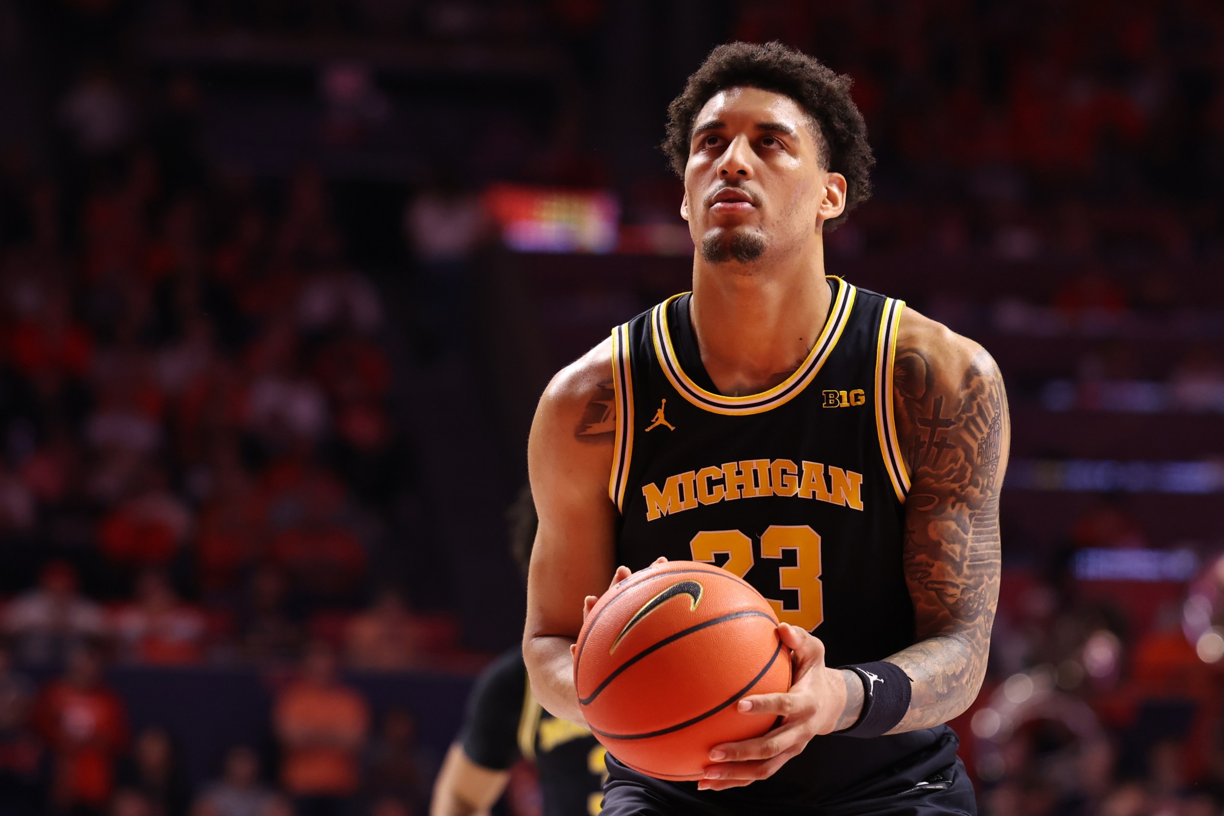 CHAMPAIGN, ILLINOIS - FEBRUARY 27: Yaxel Lendeborg #23 of the Michigan Wolverines shoots the ball during a game against the Illinois Fighting Illini at State Farm Center on February 27, 2026 in Champaign, Illinois. (Photo by Geoff Stellfox/Getty Images)