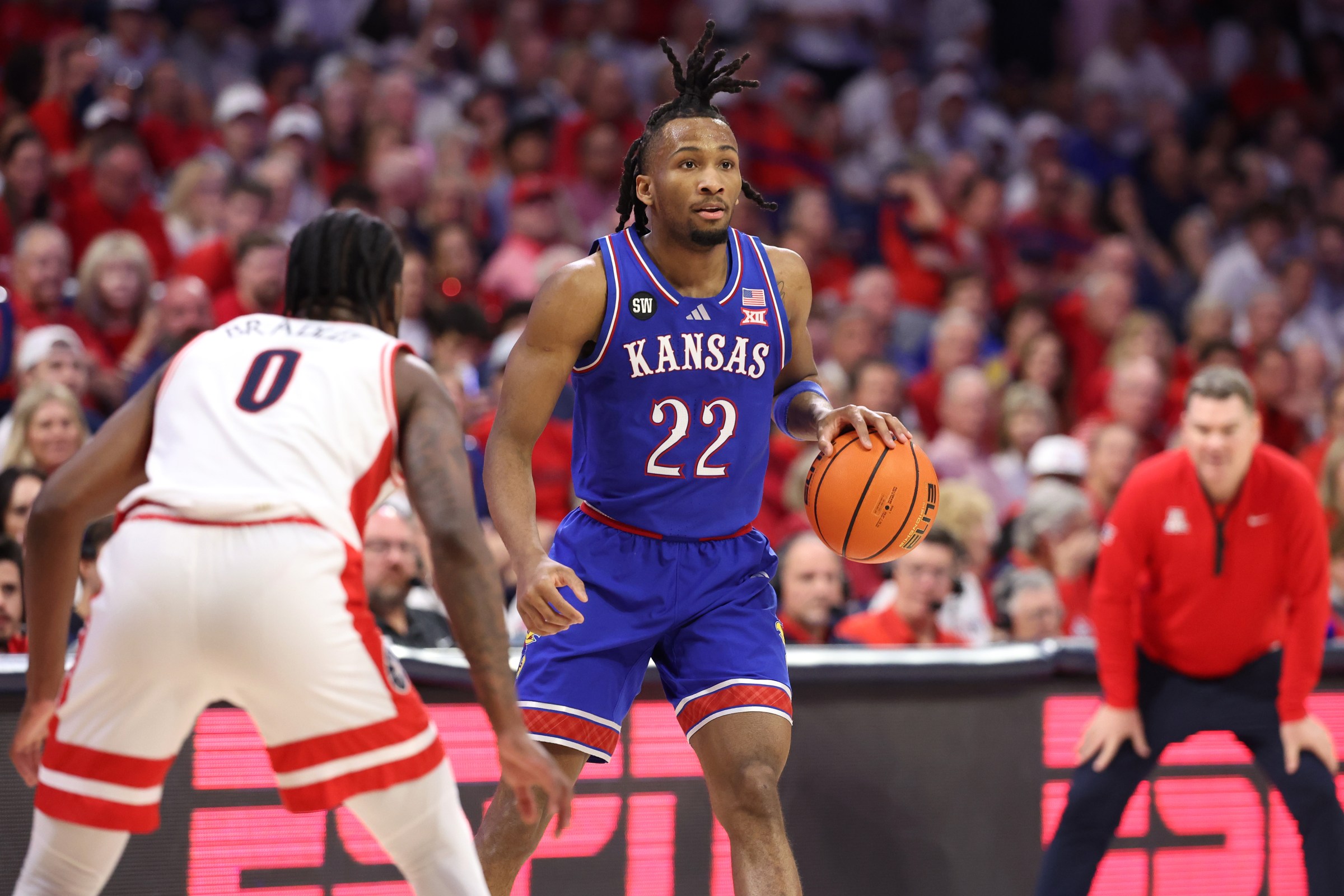 TUCSON, ARIZONA - FEBRUARY 28: Darryn Peterson #22 of the Kansas Jayhawks handles the ball during the second half against the Arizona Wildcats at McKale Center at ALKEME Arena on February 28, 2026 in Tucson, Arizona. (Photo by Chris Coduto/Getty Images)